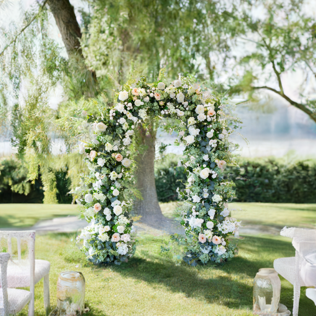 Wedding decor rental with Everlasting Arch Designs featuring the Daphne Silk flower arbor available for delivery and installation in the Portland, OR and Vancouver areas